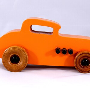 Handmade Wood Toy Car, Hot Rod '32 Deuce Coupe, Painted High Gloss Pumpkin Orange and trimmed with Black Acrylic Paint and Nonmaring Amber Shellac Finished Wheels