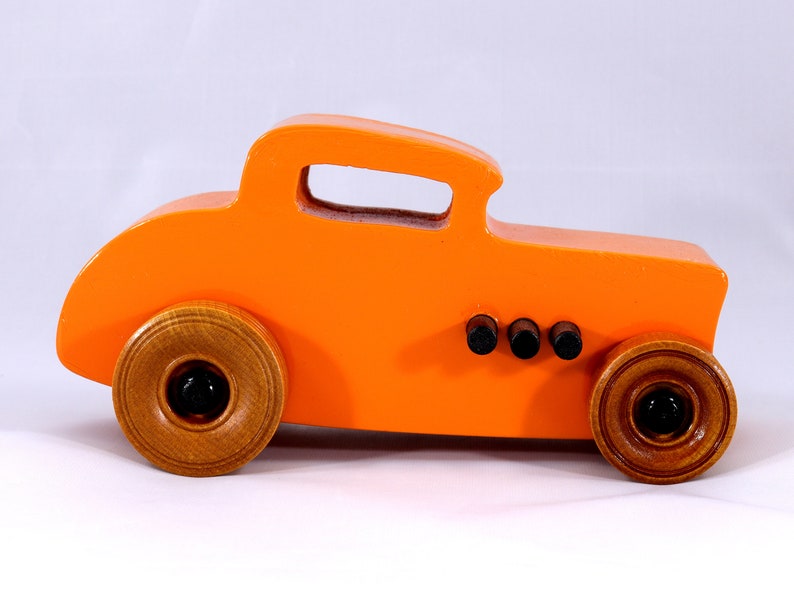 Handmade Wood Toy Car, Hot Rod '32 Deuce Coupe, Painted High Gloss Pumpkin Orange and trimmed with Black Acrylic Paint and Nonmaring Amber Shellac Finished Wheels