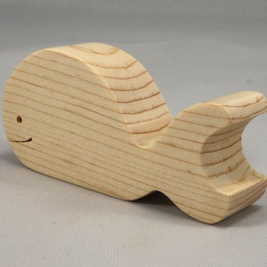 Handmade unfinished wooden whale toy cutout, chunky freestanding and stackable, sanded smooth and ready to paint, natural wood blank for kids craft and ocean theme play.