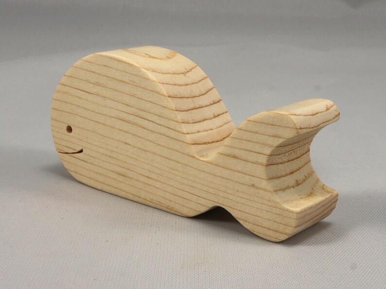 Handmade unfinished wooden whale toy cutout, chunky freestanding and stackable, sanded smooth and ready to paint, natural wood blank for kids craft and ocean theme play.