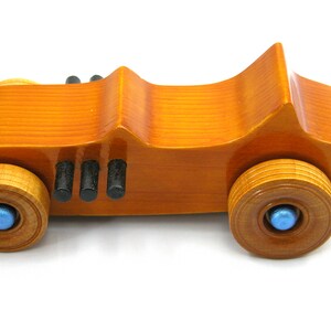 Handmade Wood Toy Car Hot Rod 1927 T-Bucket Amber Shellac Finish With Metallic Sapphire Blue and Black Trim