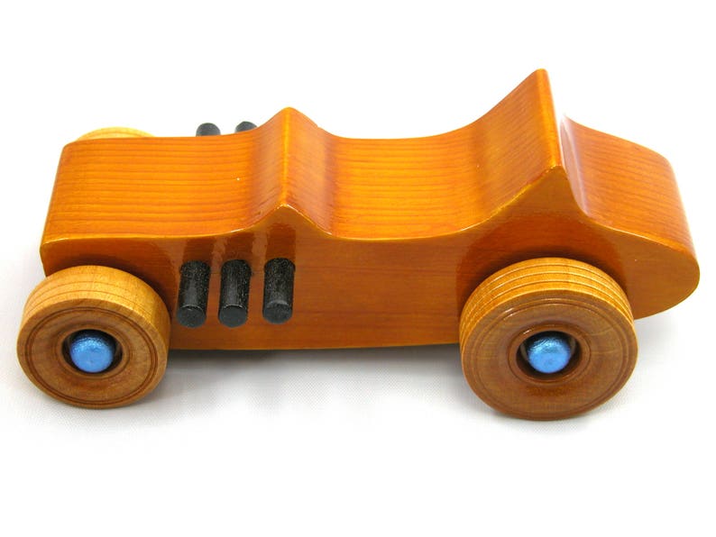 Handmade Wood Toy Car Hot Rod 1927 T-Bucket Amber Shellac Finish With Metallic Sapphire Blue and Black Trim