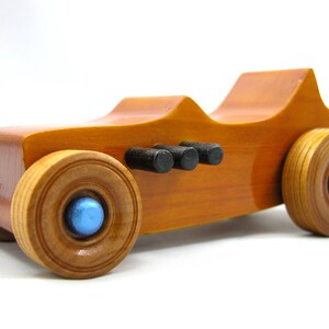 Handmade Wood Toy Car Hot Rod 1927 T-Bucket Amber Shellac Finish With Metallic Sapphire Blue and Black Trim