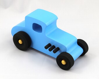 Wooden Toy Car Hot Rod 27 T-Coupe Handmade And Finished With Baby Blue, Black, and Metallic Gold Acrylic Paint - Made To Order