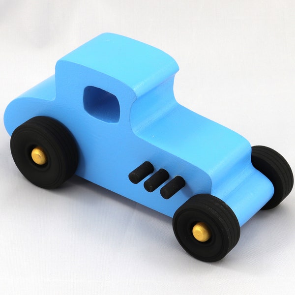 Wooden Toy Car Hot Rod 27 T-Coupe Handmade And Finished With Baby Blue, Black, and Metallic Gold Acrylic Paint - Made To Order