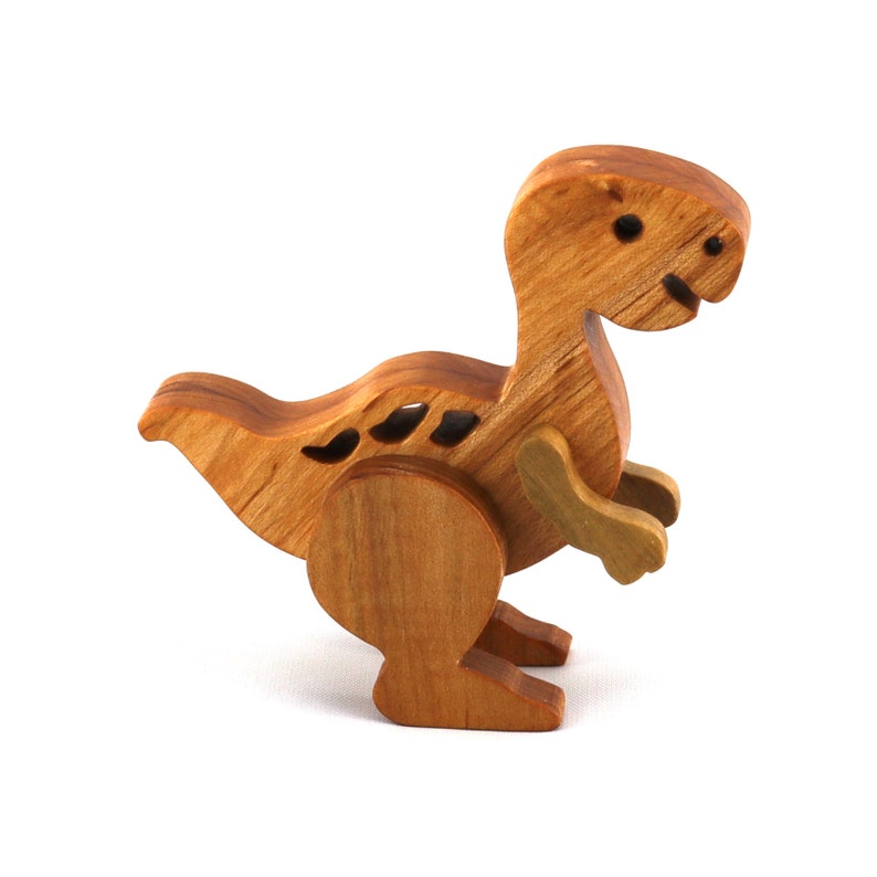 A wooden baby dinosaur figurine handmade and finished from select-grade hardwoods. It is an excellent toy for kids of any age. It is one of several dinosaurs in my collection.