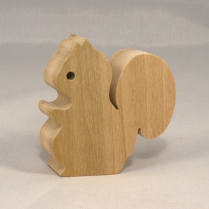 Handmade wood toy squirrel cutout is unfinished, unpainted, paintable, ready to paint, and freestanding from my Itty Bitty Animal Collection.