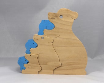 Bear Family Puzzle Handmade And Finished With Baby Blue Acrylic Paint And Shellac