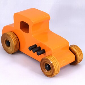 Handmade Wood Toy Car Hot Rod '27 T-Coupe Finished with Pumpkin Orange and Black Acrylic Paint and Amber Shellac