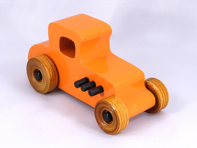 Handmade Wood Toy Car Hot Rod '27 T-Coupe Finished with Pumpkin Orange and Black Acrylic Paint and Amber Shellac