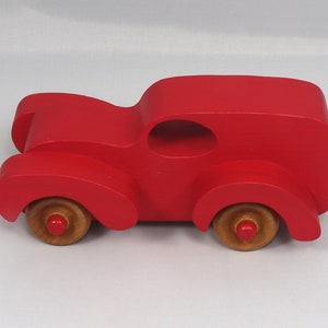 Wood Toy Truck Fat Fendered Panel Wagon Handmade And  Painted With Bright Red Acrylic Paint With Wheels Hand Finished With Nonmarring Amber Shellac From My Fat Fendered Collection