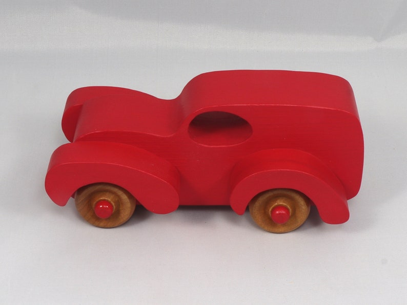 Wood Toy Truck Fat Fendered Panel Wagon Handmade And  Painted With Bright Red Acrylic Paint With Wheels Hand Finished With Nonmarring Amber Shellac From My Fat Fendered Collection