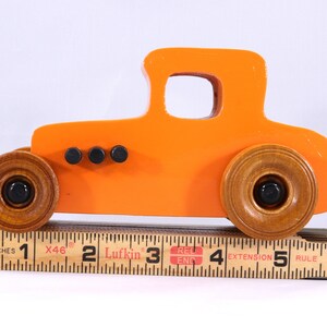 Handmade Wood Toy Car Hot Rod '27 T-Coupe Finished with Pumpkin Orange and Black Acrylic Paint and Amber Shellac