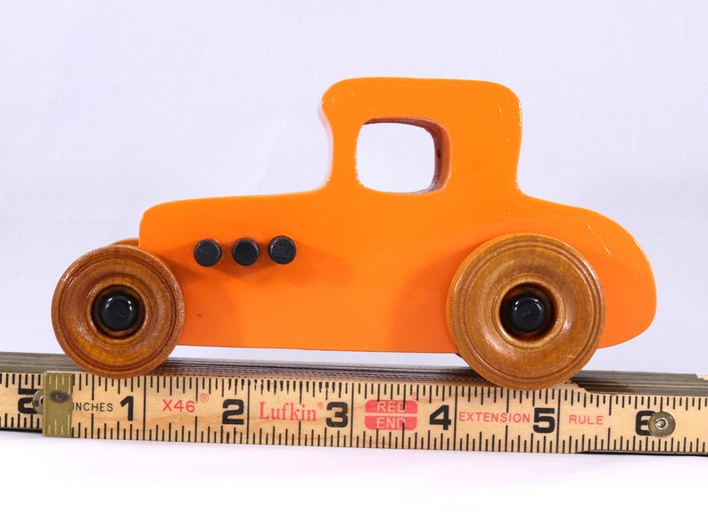 Handmade Wood Toy Car Hot Rod '27 T-Coupe Finished with Pumpkin Orange and Black Acrylic Paint and Amber Shellac
