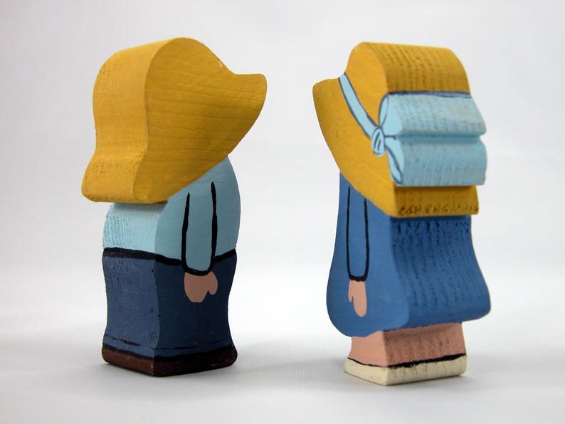 Handmade Wood Blue Dutch Farm Boy and Girl Figurines Hand Painted Knick Knack Country Farmhouse Home Decor