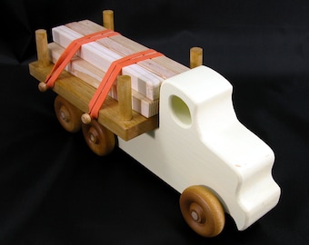Handmade Wooden Toy Truck Lumber Truck, Quick N Easy 5 Truck Fleet, Yellow Acrylic Paint and Amber Shellac - Made To Order