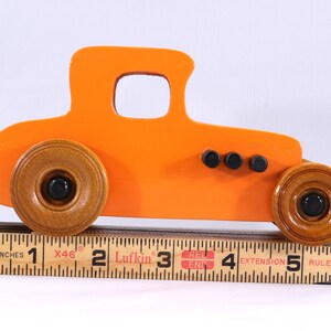 Handmade Wood Toy Car Hot Rod '27 T-Coupe Finished with Pumpkin Orange and Black Acrylic Paint and Amber Shellac