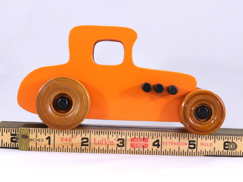Handmade Wood Toy Car Hot Rod '27 T-Coupe Finished with Pumpkin Orange and Black Acrylic Paint and Amber Shellac