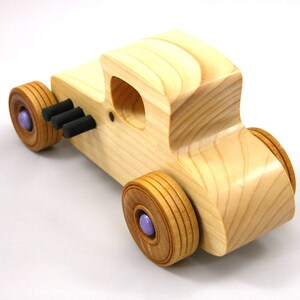 Handmade wooden toy car Hot Rod '27 T-Coupe handmade and finished with nontoxic amber shellac with metallic purple and black trim. From my Hot Rod Collection.