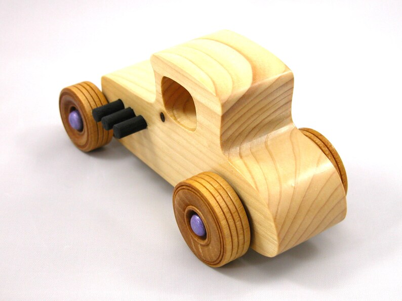 Handmade wooden toy car Hot Rod '27 T-Coupe handmade and finished with nontoxic amber shellac with metallic purple and black trim. From my Hot Rod Collection.