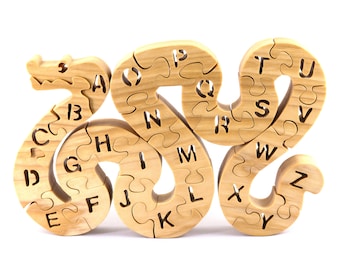 Wooden Alphabet Snake Puzzle, Handmade Hardwood Toy