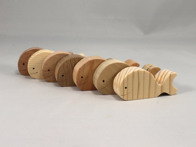 Handmade unfinished wooden whale toy cutout, chunky freestanding and stackable, sanded smooth and ready to paint, natural wood blank for kids craft and ocean theme play.