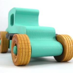 Handmade Wood Toy Car Hot Rod 1927 T-Coupe Painted with Turquoise,  Metallic Emerald Green, And Black Acrylic Paint With Wheels Finished With Nonmaring Amber Shellac Wheels