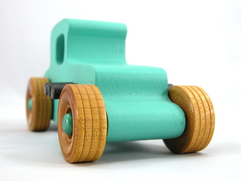 Handmade Wood Toy Car Hot Rod 1927 T-Coupe Painted with Turquoise,  Metallic Emerald Green, And Black Acrylic Paint With Wheels Finished With Nonmaring Amber Shellac Wheels