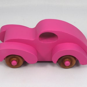 Wood Toy Car Handmade And Finished With Hot Pink Acrylic Paint and Amber Shellac From My Fat Fendered Ford Collection