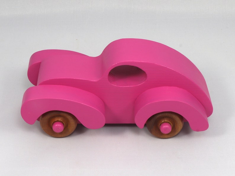 Wood Toy Car Handmade And Finished With Hot Pink Acrylic Paint and Amber Shellac From My Fat Fendered Ford Collection