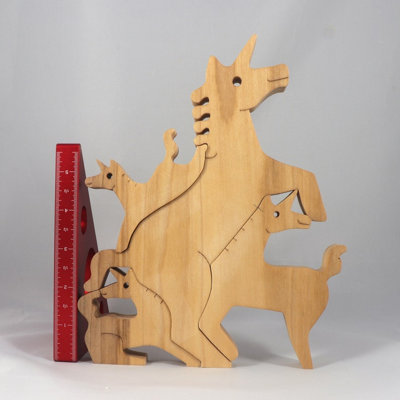 Wood Puzzle, Unicorn Family, Mom, and Babies, Handmade and Finished Freestanding Stackable Toy Fantasy Animal