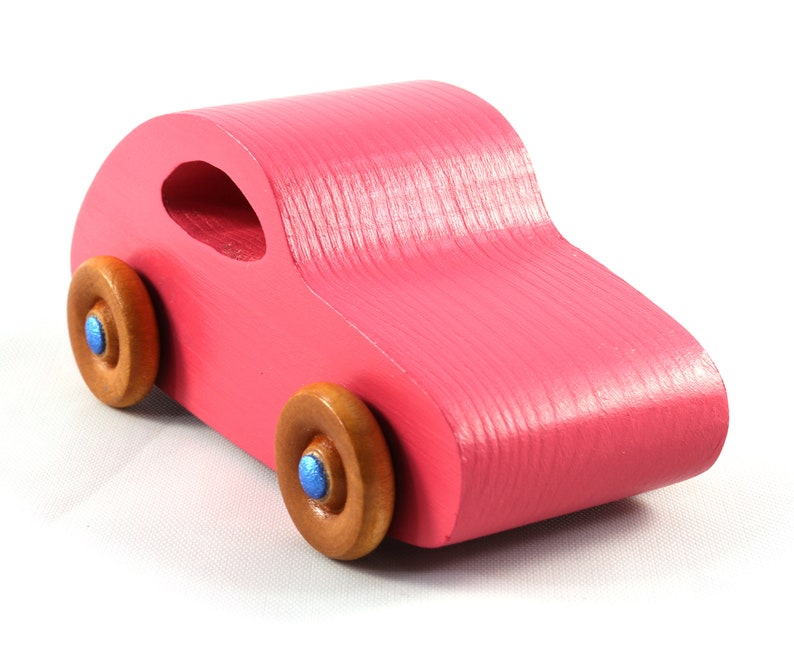 Wood Toy Car, Handmade and Finished with Pink and Metallic Sapphire Blue Acrylic Paint and Amber Shellac from the Play Pal Collection image 2