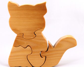 Wooden Kitten/Cat Puzzle With Four Interlocking Pieces Handmade Simple Freestanding Excellent For Younger Children