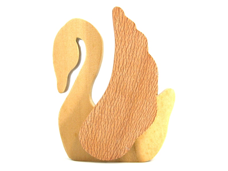Handmade wooden swan figurine crafted from contrasting reclaimed hardwoods, sanded and ready to finish, and made in the USA.