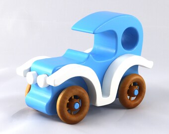 Wooden Toy Car Classic Vintage Style Sedan Handmade and Painted Baby Blue And White From My Bad Bob's Custom Motors Collection