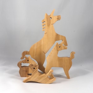 Wood Puzzle, Unicorn Family, Mom, and Babies, Handmade and Finished Freestanding Stackable Toy Fantasy Animal
