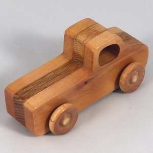 Handmade wooden toy pickup truck handmade from oak, poplar, and birch hardwoods with a satin polyurethane finish from my Play Pal Collection.