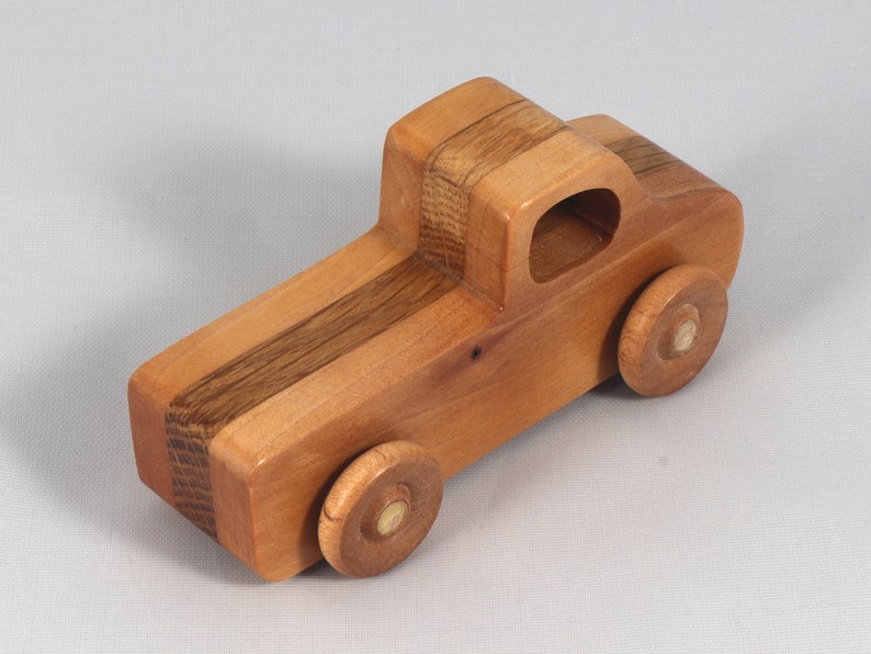 Handmade wooden toy pickup truck handmade from oak, poplar, and birch hardwoods with a satin polyurethane finish from my Play Pal Collection.