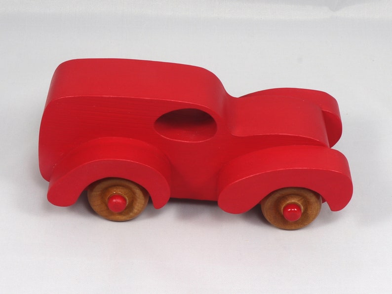 Wood Toy Truck Fat Fendered Panel Wagon Handmade And  Painted With Bright Red Acrylic Paint With Wheels Hand Finished With Nonmarring Amber Shellac From My Fat Fendered Collection