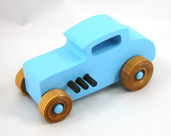 Wood Toy Car, Hot Rod '32 Deuce Coupe, Handmade, Painted Baby Blue, Black, and Amber Shellac, from the Freaky Ford Collection, Made To Order