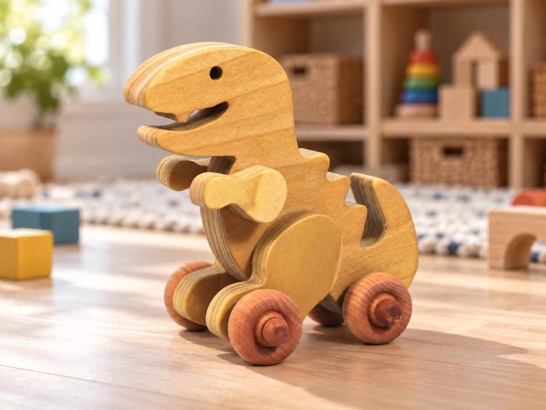 Wooden T-Rex dinosaur push toy with an oil-and-wax finish and brown wooden wheels on a wood floor in a child’s play area, with blocks, a rug, and toy storage shelves softly blurred behind it.