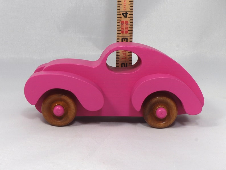 Wood Toy Car Handmade And Finished With Hot Pink Acrylic Paint and Amber Shellac From My Fat Fendered Ford Collection
