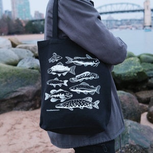 River Fish Patterned Black Canvas Tote Bag