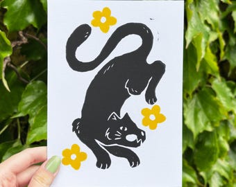 Black Panther Floral Lino Block Print