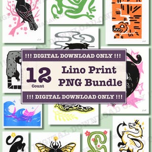 Może przedstawiać: Zestaw 12 cyfrowych linorytów PNG. Ilustracje przedstawiają zwierzęta i naturę w żywych kolorach. Wyświetlany jest tekst "!!! DIGITAL DOWNLOAD ONLY !!!" oraz "12 Count Lino Print PNG Bundle".