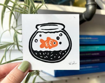 Goldfish Bowl Mini Lino Block Print