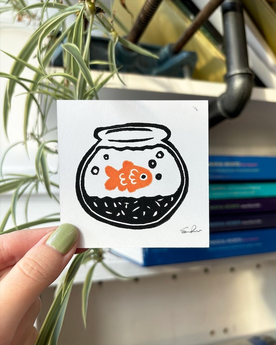 Goldfish Bowl Mini Lino Block Print