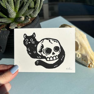 May include: Black and white illustration of a cat curled around a skull. The cat has large eyes and a small mouth. The skull has a toothy grin.