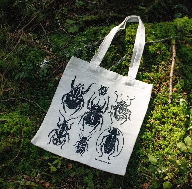 Beetle Insect Bug Screen Printed Canvas Tote Bag image 1