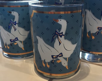 Culver, LTD.  (Set of 6) Blue Geese with 22 Kt Gold Embellished Tumblers & Lowball Glasses 1960's